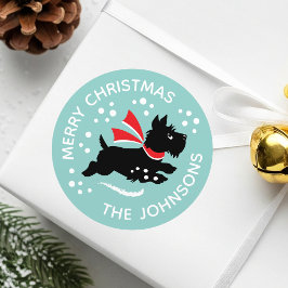 Pegatina Redonda Merry Christmas Cute Scottie Dog Name Mint