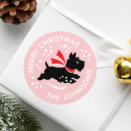 Pegatina Redonda Merry Christmas Cute Scottie Dog Name Pink
