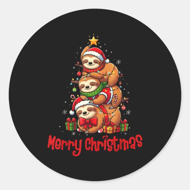 Pegatina Redonda Merry Christmas Cute Sloth Santa Hat Slothmas Anim (Anverso)