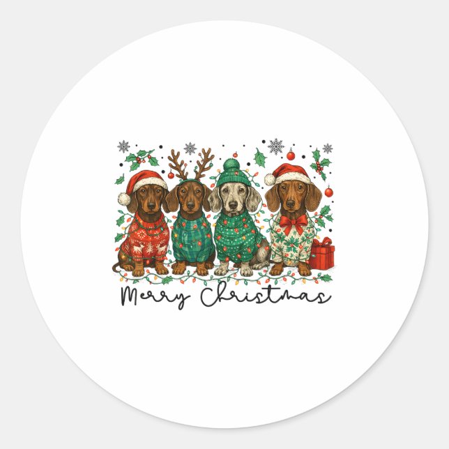 Pegatina Redonda Merry Christmas Dachshund Dog Retro Xmas Puppy Men (Anverso)