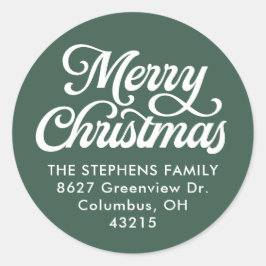 Pegatina Redonda Merry Christmas, dirección de retorno verde clásic