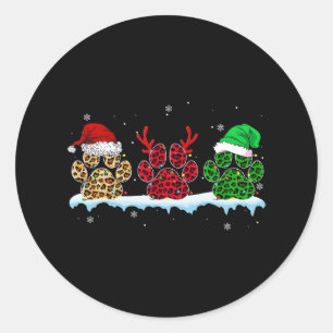 Pegatina Redonda Merry Christmas Dog Paws Santa Hat Lights Leopardo