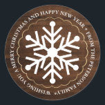 Pegatina Redonda Merry Christmas editable snowflake wood gold<br><div class="desc">Fresco simple Feliz Navidad editable copo de nieve blanco dorado de madera rústica marrón.</div>