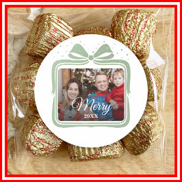 Pegatina Redonda  Merry Christmas Elegant Bow Present Photo Collage