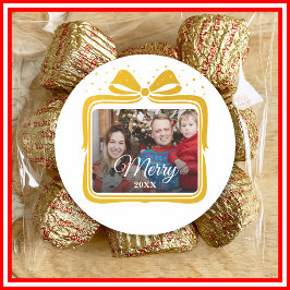 Pegatina Redonda  Merry Christmas Elegant Bow Present Photo Collage
