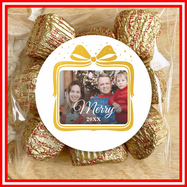 Pegatina Redonda  Merry Christmas Elegant Bow Present Photo Collage (Subido por el creador)