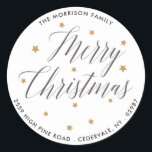 Pegatina Redonda Merry Christmas Elegant Script Return Address<br><div class="desc">Vestir los sobres o paquetes de tus Navidades con este pegatina festivo que incluye las palabras "Feliz Navidad" en un hermoso guion rodeado de estrellas doradas. Agregue su nombre,  dirección o texto personalizado para personalizar. Festividad y elegancia pero simple y clásico - perfecto para las vacaciones</div>