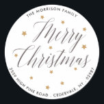 Pegatina Redonda Merry Christmas Elegant Script Return Address<br><div class="desc">Vestir los sobres o paquetes de tus Navidades con este pegatina festivo que incluye las palabras "Feliz Navidad" en un hermoso guion rodeado de estrellas doradas. Agregue su nombre,  dirección o texto personalizado para personalizar. Festividad y elegancia pero simple y clásico - perfecto para las vacaciones</div>