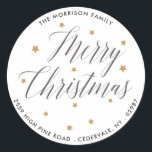 Pegatina Redonda Merry Christmas Elegant Script Return Address<br><div class="desc">Vestir los sobres o paquetes de tus Navidades con este pegatina festivo que incluye las palabras "Feliz Navidad" en un hermoso guion rodeado de estrellas doradas. Agregue su nombre,  dirección o texto personalizado para personalizar. Festividad y elegancia pero simple y clásico - perfecto para las vacaciones</div>