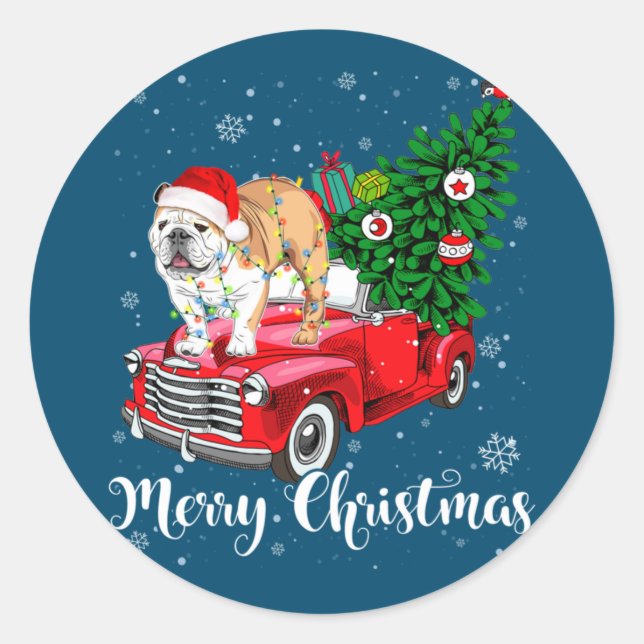 Pegatina Redonda Merry Christmas English Bulldog Santa Red Truck Xm (Anverso)