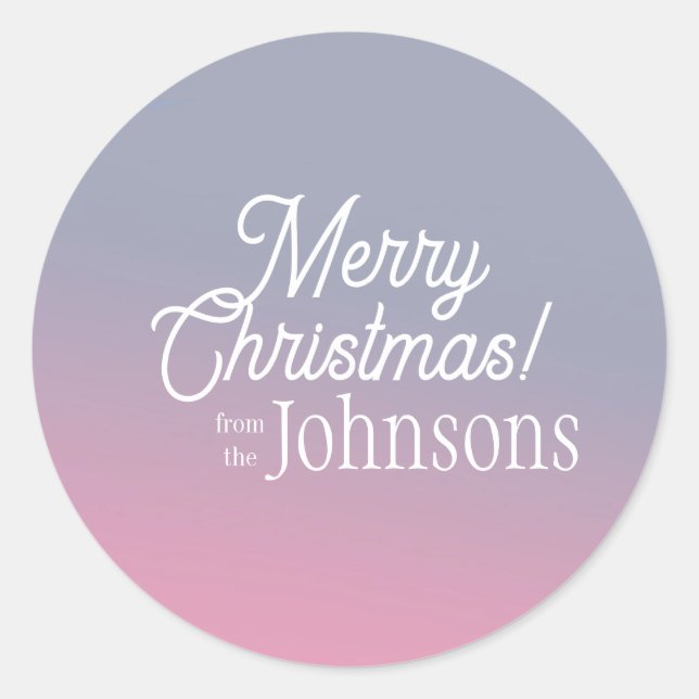 Pegatina Redonda Merry Christmas Family Name Ombre Lilac Pink (Anverso)