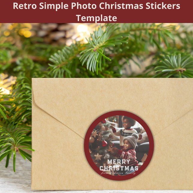 Pegatina Redonda Merry Christmas Family Photo Retro Red (Subido por el creador)