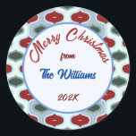 Pegatina Redonda Merry Christmas Family Retro Mod<br><div class="desc">Personalizar tus propios stickers de Navidad con esta encantadora plantilla retro de los años 60. El nombre de la familia y el año son editables.</div>