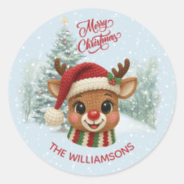 Pegatina Redonda Merry Christmas Faux Crochet Reindeer Snow