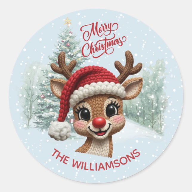 Pegatina Redonda Merry Christmas Faux Crochet Reindeer Snow (Anverso)