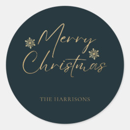 Pegatina Redonda Merry Christmas Faux Relieve metalizado dorado Nav