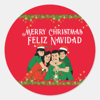 PEGATINA REDONDA MERRY CHRISTMAS FELIZ NAVIDAD CARD