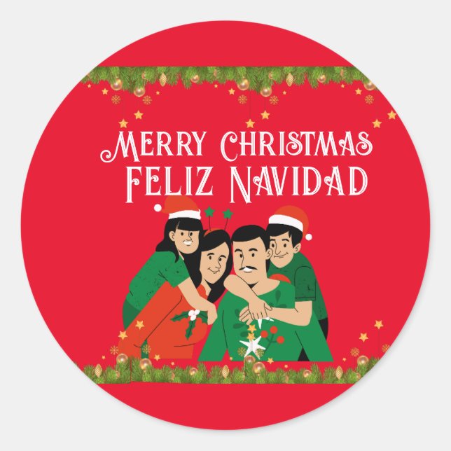 PEGATINA REDONDA MERRY CHRISTMAS FELIZ  NAVIDAD CARD (Anverso)