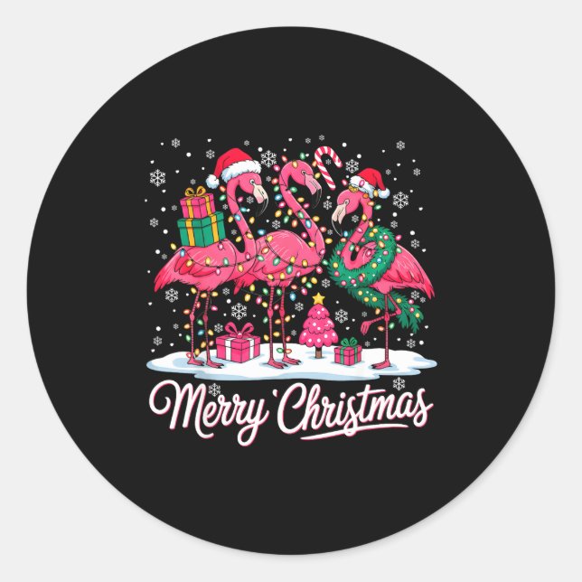 Pegatina Redonda Merry Christmas Flamingo Lights Santa Hat Snow Xma (Anverso)