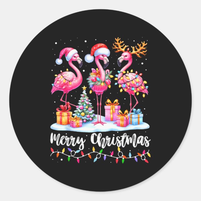 Pegatina Redonda Merry Christmas Flamingo Santa Hat Xmas Pajamas Ho (Anverso)