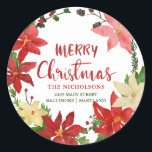 Pegatina Redonda Merry Christmas Floral Wreath Return Address<br><div class="desc">Merry Christmas Floral Wreath Return Address</div>