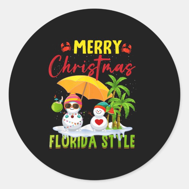 Pegatina Redonda Merry Christmas Florida Style Snowman Summer Vacat (Anverso)