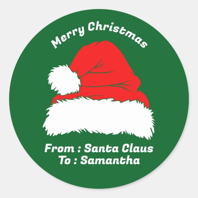 Pegatina Redonda Merry Christmas From Santa Claus Green Gift (Anverso)