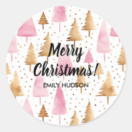Pegatina Redonda Merry Christmas Gold Pink Tree