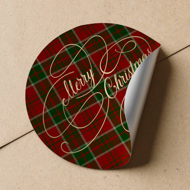 Pegatina Redonda Merry Christmas gold script rojo plastán verde (Subido por el creador)