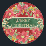 Pegatina Redonda Merry Christmas Gold Swirl Poinsettia Wreath Jewel<br><div class="desc">Audrey Jeanne Roberts pintó esta hermosa obra de arte acuática a mano. La cubierta frontal tiene un fondo rojo Navidad con puntos dorados, una corona de poinsettia exquisitamente detallada con elementos giratorios dorados con una cinta roja cableada y adorno con joyas. Hay un marco giratorio dorado y un texto de...</div>