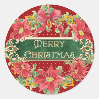 Pegatina Redonda Merry Christmas Gold Swirl Poinsettia Wreath Jewel