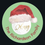 Pegatina Redonda Merry Christmas Golf Ball Santa Cap Name<br><div class="desc">Feliz Navidad Santa Hat Golf Ball Nombre pegatina divertido — para la persona / familia - que es conocida por su balancín. Cualquier pregunta de diseño,  sólo envíe un correo electrónico a charmdesignstudio@rcn.com y estaremos encantados de asistirle.</div>