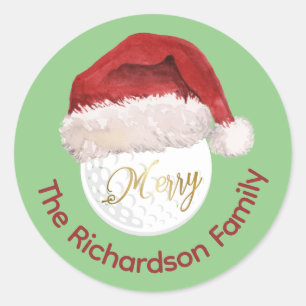 Pegatina Redonda Merry Christmas Golf Ball Santa Cap Name