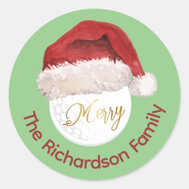Pegatina Redonda Merry Christmas Golf Ball Santa Cap Name (Anverso)