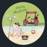 Pegatina Redonda Merry Christmas Golf Cart Beach Monograma<br><div class="desc">¿No cuenta esto una gran historia y un pegatina de las vacaciones? Feliz Navidad Golf Cart Beach —Nombre y Monograma— ¡toda la escena nos muestra una buena alegría! Cualquier pregunta de diseño sólo envía un correo electrónico a charmdesignstudio@rcn.com y nos complacerá ayudar.</div>