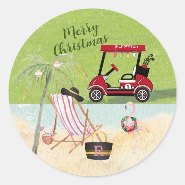 Pegatina Redonda Merry Christmas Golf Cart Beach Monograma (Anverso)