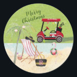 Pegatina Redonda Merry Christmas Golf Cart Beach Monograma<br><div class="desc">¿No cuenta esto una gran historia y un pegatina de las vacaciones? Feliz Navidad Golf Cart Beach —Nombre y Monograma— ¡toda la escena nos muestra una buena alegría! Cualquier pregunta de diseño sólo envía un correo electrónico a charmdesignstudio@rcn.com y nos complacerá ayudar.</div>