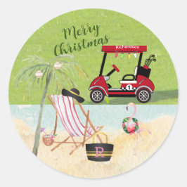 Pegatina Redonda Merry Christmas Golf Cart Beach Monograma