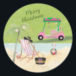 Pegatina Redonda Merry Christmas Golf Cart Beach Monograma<br><div class="desc">¿No cuenta esto una gran historia y un pegatina de las vacaciones? Feliz Navidad Golf Cart Beach —Nombre y Monograma— ¡toda la escena nos muestra una buena alegría! Cualquier pregunta de diseño sólo envía un correo electrónico a charmdesignstudio@rcn.com y nos complacerá ayudar.</div>