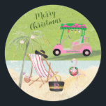 Pegatina Redonda Merry Christmas Golf Cart Beach Monograma<br><div class="desc">¿No cuenta esto una gran historia y un pegatina de las vacaciones? Feliz Navidad Golf Cart Beach —Nombre y Monograma— ¡toda la escena nos muestra una buena alegría! Cualquier pregunta de diseño sólo envía un correo electrónico a charmdesignstudio@rcn.com y nos complacerá ayudar.</div>