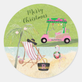 Pegatina Redonda Merry Christmas Golf Cart Beach Monograma