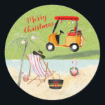 Pegatina Redonda Merry Christmas Golf Cart Beach Monograma<br><div class="desc">¿No cuenta esto una gran historia y un pegatina de las vacaciones? Nombre y Monograma — ¡toda la escena sólo significa buena ovación! Cualquier pregunta de diseño sólo envía un correo electrónico a charmdesignstudio@rcn.com y nos complacerá ayudar.</div>