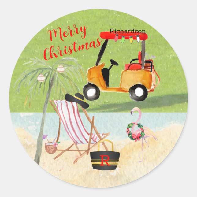 Pegatina Redonda Merry Christmas Golf Cart Beach Monograma (Anverso)
