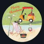 Pegatina Redonda Merry Christmas Golf Cart Beach Monograma<br><div class="desc">¿No cuenta esto una gran historia y un pegatina de las vacaciones? Nombre y Monograma — ¡toda la escena sólo significa buena ovación! Cualquier pregunta de diseño sólo envía un correo electrónico a charmdesignstudio@rcn.com y nos complacerá ayudar.</div>