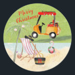 Pegatina Redonda Merry Christmas Golf Cart Beach Monograma<br><div class="desc">¿No cuenta esto una gran historia y un pegatina de las vacaciones? Nombre y Monograma — ¡toda la escena sólo significa buena ovación! Cualquier pregunta de diseño sólo envía un correo electrónico a charmdesignstudio@rcn.com y nos complacerá ayudar.</div>