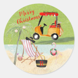 Pegatina Redonda Merry Christmas Golf Cart Beach Monograma
