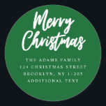 Pegatina Redonda Merry Christmas green script Return Address label<br><div class="desc">Etiqueta de dirección de devolución del guión verde de navidad</div>