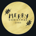 Pegatina Redonda Merry Christmas Hand Lettered | Paint Brushed Gold<br><div class="desc">Elegante pegatinas con letras de la mano de Feliz Navidad con oro pintado "Relieve metalizado falso". ¡Ingresa tu texto personalizado.</div>