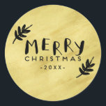 Pegatina Redonda Merry Christmas Hand Lettered | Paint Brushed Gold<br><div class="desc">Elegante pegatinas con letras de la mano de Feliz Navidad con oro pintado "Relieve metalizado falso". ¡Ingresa tu texto personalizado.</div>