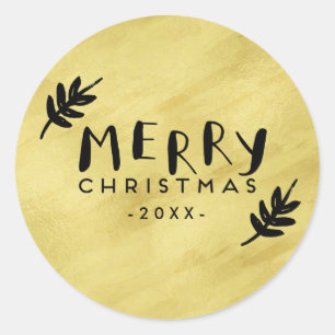 Pegatina Redonda Merry Christmas Hand Lettered Paint Brushed Gold